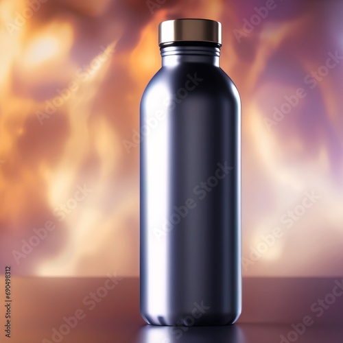 Blank mockup of aluminum water bottle, metal liquid container