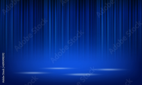 Vector realistic blue theatrical closed curtain of shiny material with reflection on stage floor vector illustration