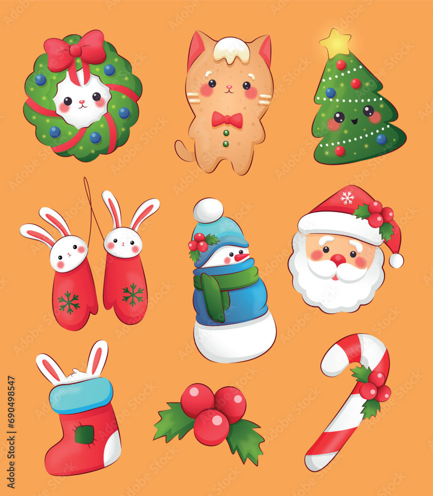 Christmas holiday festive greeting set. Cute cartoon christmas symbols sticker pack clipart design. Merry Christmas Happy New Year 2024