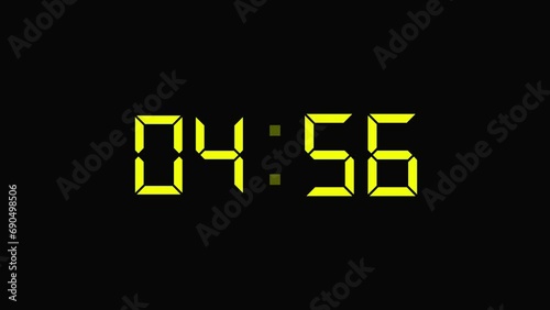 5 minutes countdown digital alarm clock on black