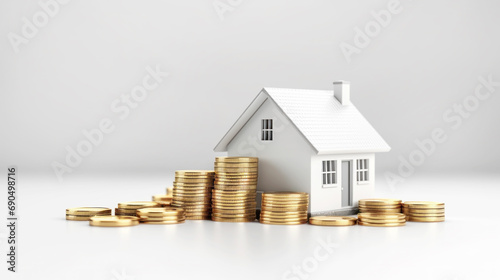 White color house model and coins, Real estate concept or investment