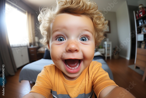 Naughty cheerful cute baby boy, son toddler is making taking selfie photo or video call by smartphone to friends relatives in a kitchen instead of going to sleep. Modern parenting concept.