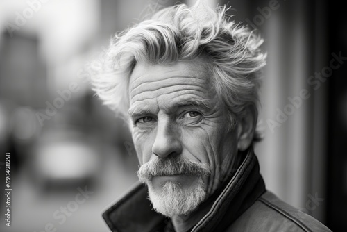 Portrait of a handsome senior man with blond hair and beard in black and white