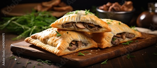 Hand pies with chives and mushrooms, baked fresh on paper.