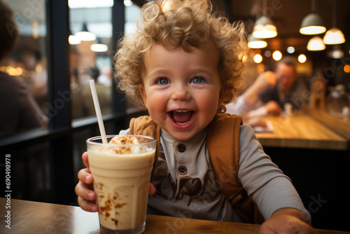Happy smiling cheerful toddler kid with open mouth while she holds in hands smoothie drink milkshake with cream beverage with straw. Little child spend time leisure in indoor restaurant bar