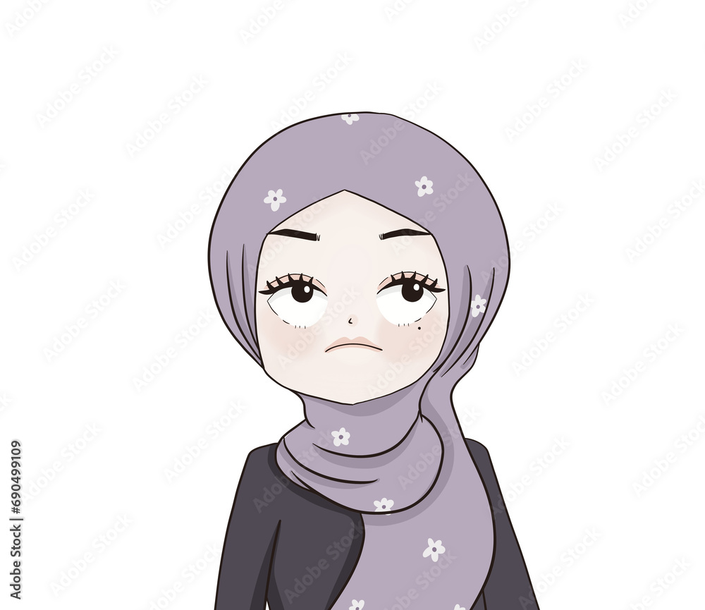 hijab girl , illustration muslim woman shows bored face , character muslim girl cartoon , boring face girl hijab girl , illustration muslim woman shows bored face , character muslim girl cartoon , boring face girl