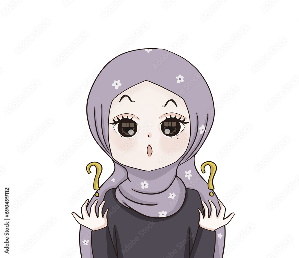 hijab girl , illustration muslim woman is confused with question mark , muslim girl cartoon