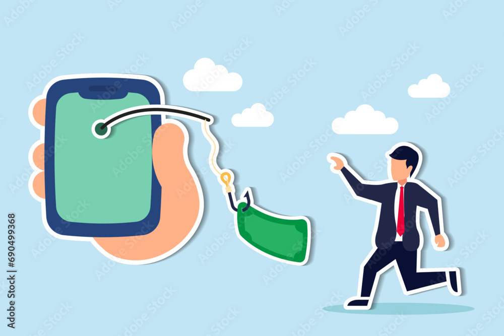 Obraz premium Mobile phone banking scam, fraud link to steal money, phishing bait website or online crime, thief steal money from mobile banking app concept, mobile smartphone with fishing bait scam money threat.