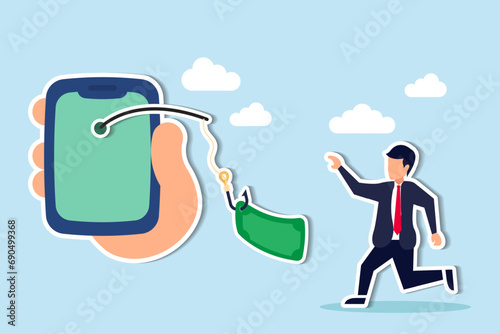 Mobile phone banking scam, fraud link to steal money, phishing bait website or online crime, thief steal money from mobile banking app concept, mobile smartphone with fishing bait scam money threat.