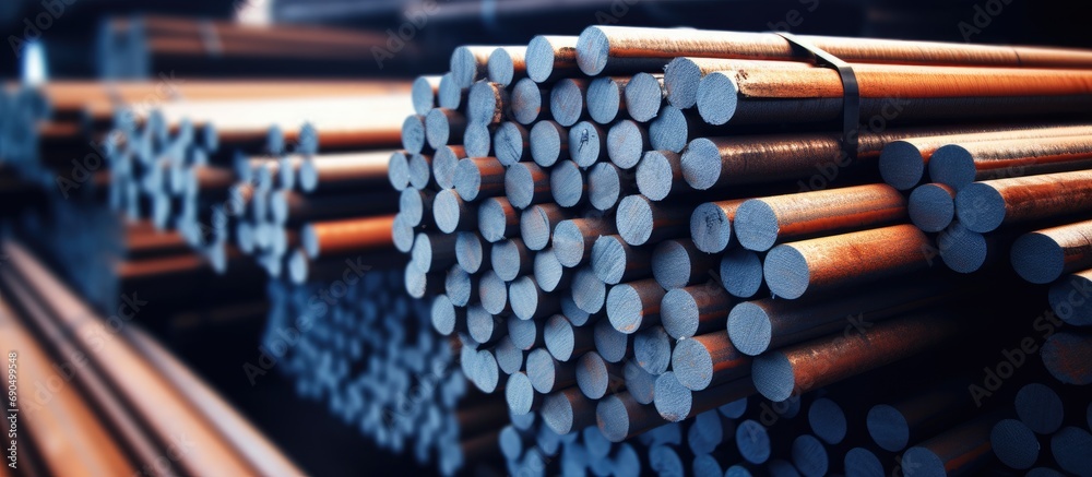 Steel round bars are stored and stacked in the warehouse for construction purposes. Steel round bars are stored and stacked in the warehouse for construction purposes.