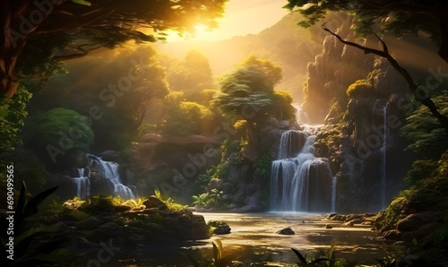 A pristine waterfall in a lush forest at sunrise