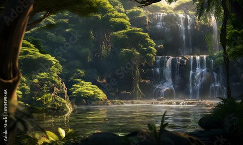 A pristine waterfall in a lush forest at sunrise