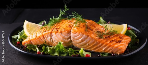 Grilled salmon on the plate, delicious, healthy with omega 3.
