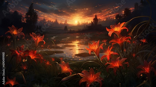 A meadow of fire lilies with petals that glisten like flames under the noon sun.
