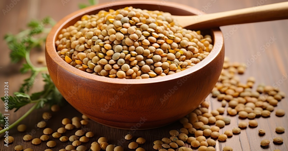 Naklejka premium Wooden Whispers and Lentil Wonders. A Harmonious Blend of Natural Textures and Flavors. Generative AI