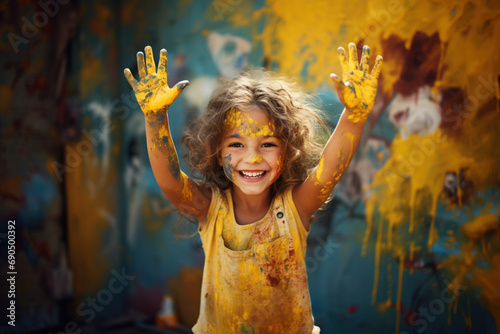 Laughing blonde child with stained t-shirt and spotted colorful background looking into the camera with playful look, looking into camera. Bored kid staying alone at home