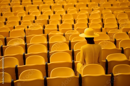A woman in a yellow suit and hat sits among yellow chairs