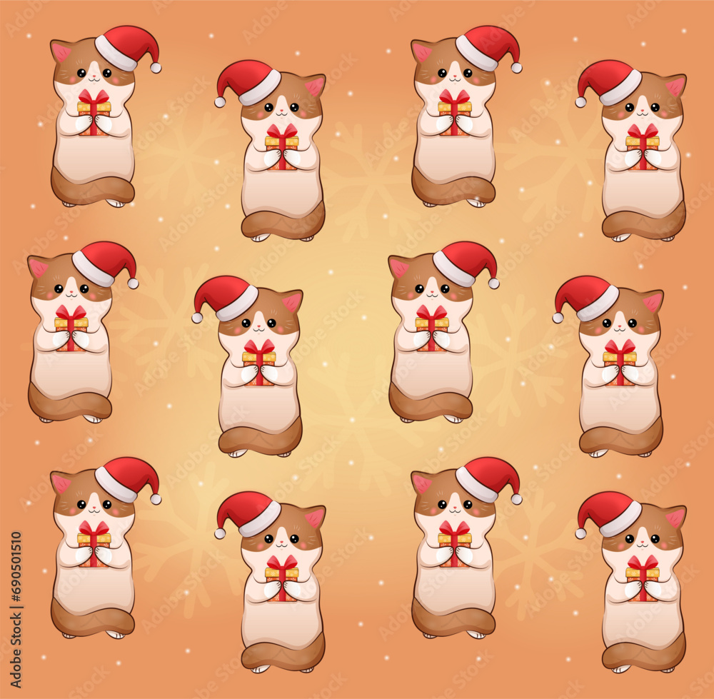 Cute cheerful cartoon kawaii Christmas cat character with gift box seamless pattern. Christmas festive holiday pattern print background design. Merry Christmas and Happy New Year 2024