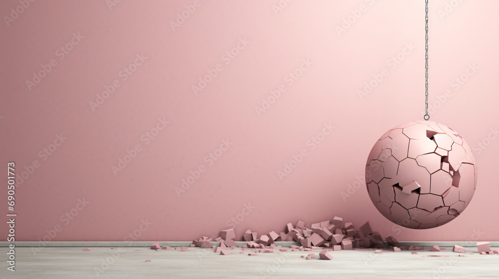 Wrecking ball demolishes the wall. - obrazy, fototapety, plakaty 