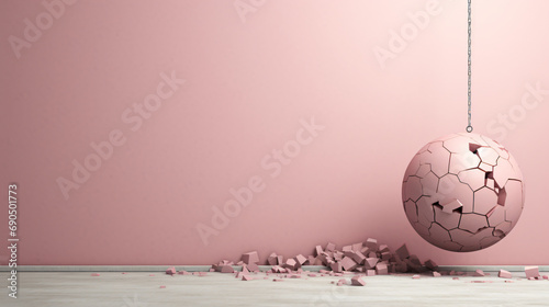 Wrecking ball demolishes the wall. photo