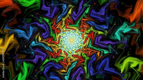Vivid psychedelic muddled iridescent pattern with deformated varicolored elements moving rhythmically helically to yellow dot in centre, glaring on black background. 4K UHD 4096x2304 photo