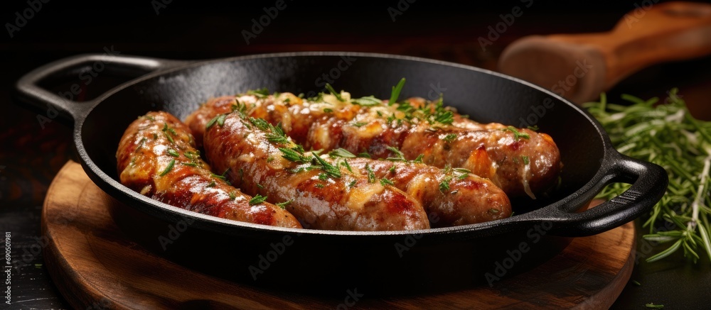 Italian herb and cheese-filled homemade sausage cooked in a cast iron skillet. Italian herb and cheese-filled homemade sausage cooked in a cast iron skillet.