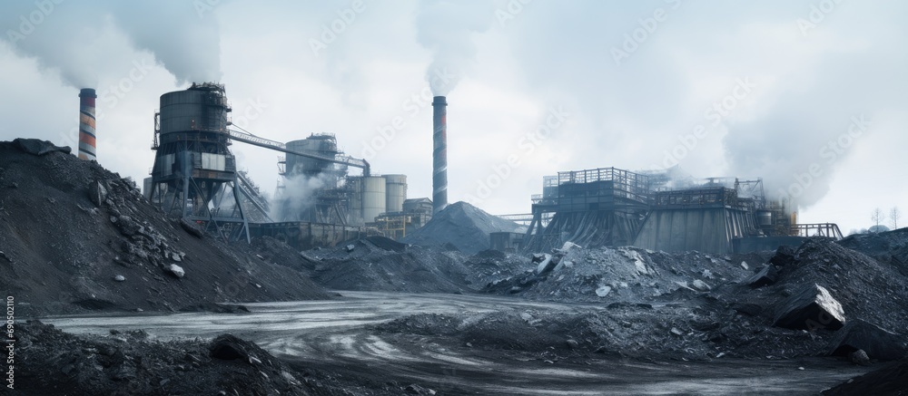 Fototapeta premium Donbass landscape with coal mine, terrace, and sunset.