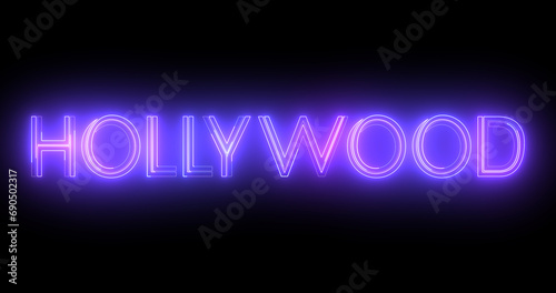 Hollywood neon moving lines text animation on black background. Hollywood logo illuminated neon style fluorescent tubes nightclub motion graphic for brand, traffic, casino, innovation retro style.