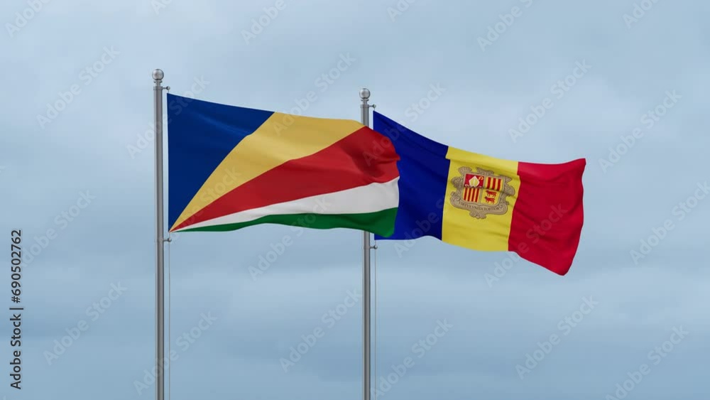Seychelles flag and Andorra flag waving together on cloudy sky, endless seamless loop Seychelles flag and Andorra flag waving together on cloudy sky, endless seamless loop