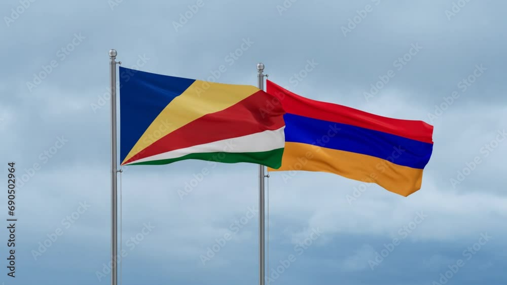 Armenia and Seychelles flag waving together on cloudy sky, endless seamless loop, two country cooperation concept Armenia and Seychelles flag waving together on cloudy sky, endless seamless loop, two country cooperation concept
