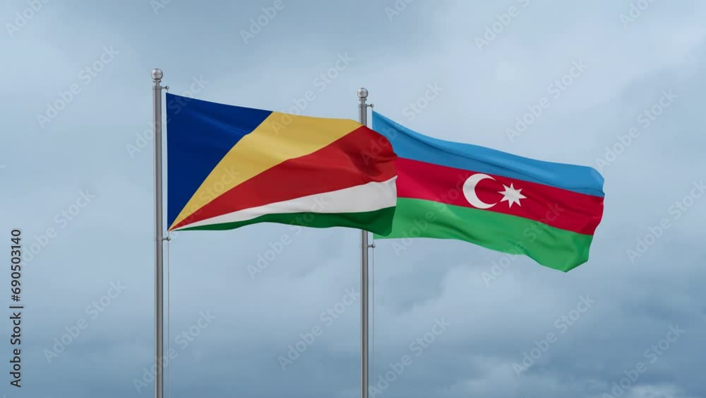 Azerbaijan and Seychelles flag waving together on cloudy sky, endless seamless loop, two country cooperation concept Azerbaijan and Seychelles flag waving together on cloudy sky, endless seamless loop, two country cooperation concept