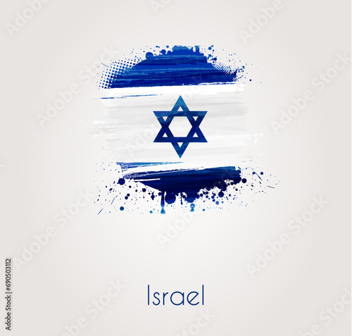 Abstract watercolor paint splashes flag of Israel in grunge round shape.