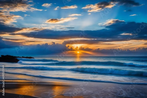 Sun shine on the horisont sea clear blue sky, clouds, blue sea © Muhammad