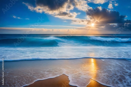 Sun shine on the horisont sea clear blue sky, clouds, blue sea