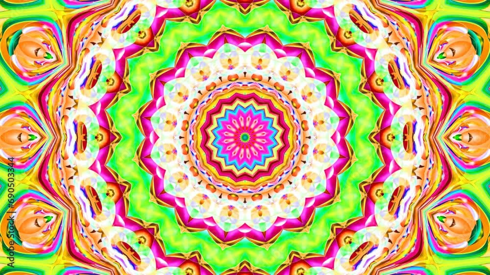 Round pattern, interweaving emanating coruscating impulses from center, pulsating, fluctuating. Colorful mandala bright vibration. Mosaic kaleidoscopic background rhythmical motion. 4K UHD 4096x2304