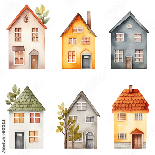 Trendy scandi vector houses. Set of watercolor scandinavian houses. Cute childish european buildings.