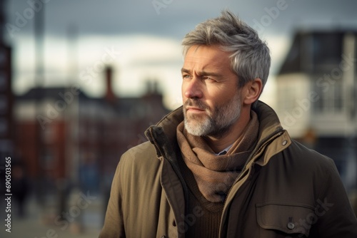 Handsome middle-aged man with gray hair and beard in the city