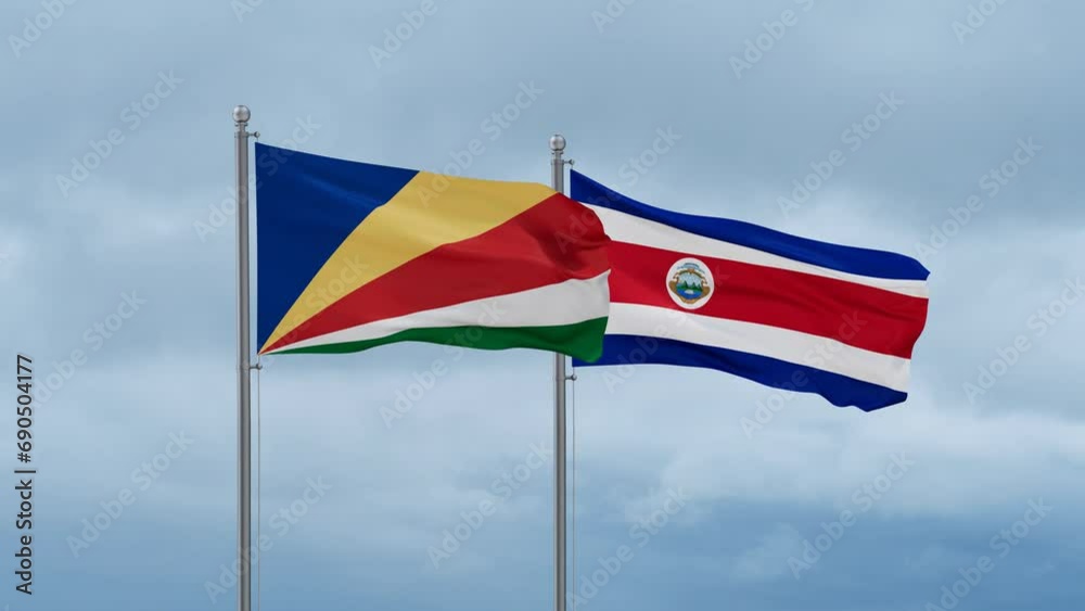 Costa Rico and Seychelles flag waving together on cloudy sky, endless seamless loop, two country cooperation concept Costa Rico and Seychelles flag waving together on cloudy sky, endless seamless loop, two country cooperation concept