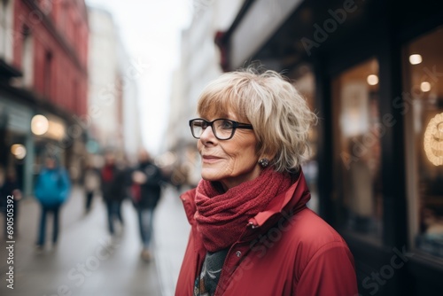 Mature woman in red coat and glasses walking in the city.
