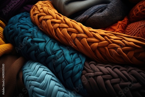  a pile of different colored knits on top of each other next to a pile of different colored knits.