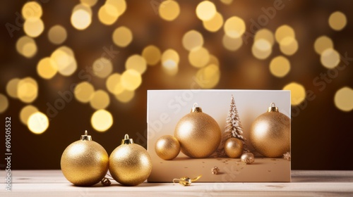  a card with three gold christmas ornaments and a card with a picture of a christmas tree in front of a boke of lights.