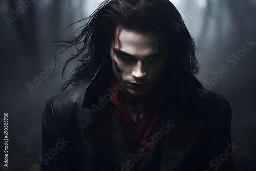 misty cinematic studio portrait of vampire in forest at night photo