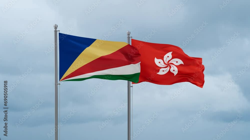 Hong Kong flag and Seychelles flag waving together on cloudy sky, endless seamless loop, two country relations concept Hong Kong flag and Seychelles flag waving together on cloudy sky, endless seamless loop, two country relations concept