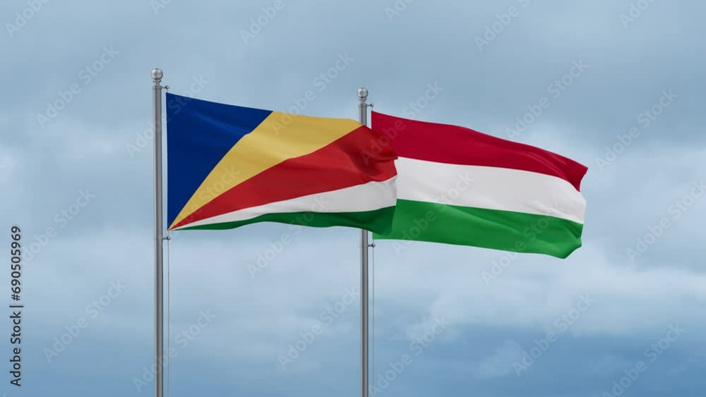 Hungary flag and Seychelles flag waving together on cloudy sky, endless seamless loop, two country relations concept