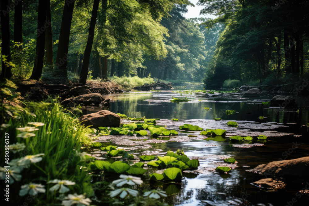 Naklejka premium Peaceful Serenity Pond with Lush Greenery