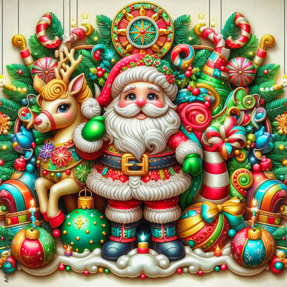 Colorful festive Christmas ornaments with a Santa Claus, 3d, cute and funny, generative ai