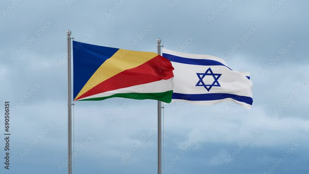 Israel flag and Seychelles flag waving together on cloudy sky, endless seamless loop, two country relations concept Israel flag and Seychelles flag waving together on cloudy sky, endless seamless loop, two country relations concept