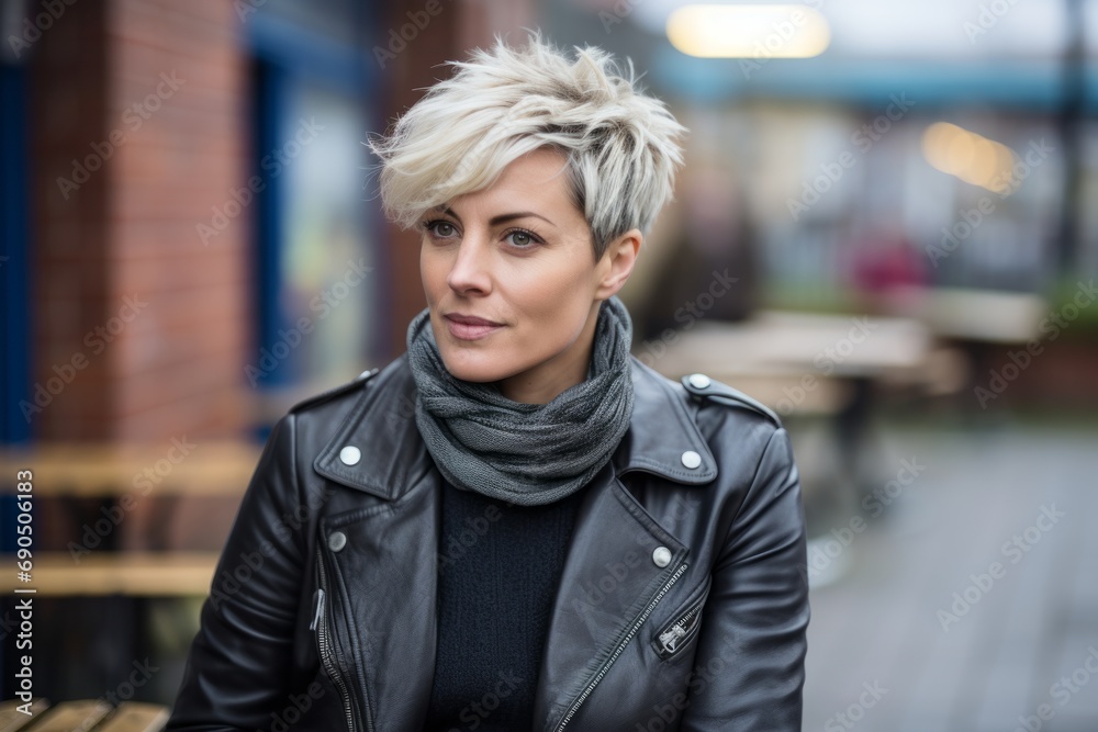 Portrait of a beautiful young woman with short blond hair in a black leather jacket and gray scarf on the street.