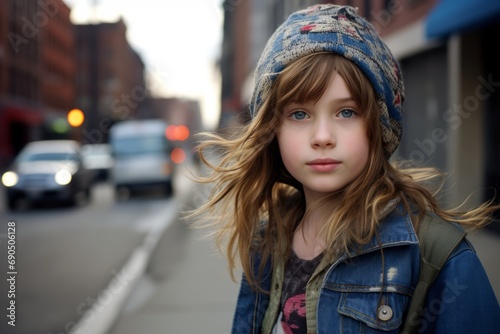 portrait of a beautiful little girl in the city on the street
