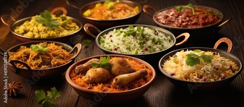 Delicious North Indian food, including Hyderabadi chicken biryani, dum biryani, and chicken pulao with mint leaves, herbs, and raitha, perfect for Ramadan Kareem and Eid-Ul-Adha. Also, features Kerala